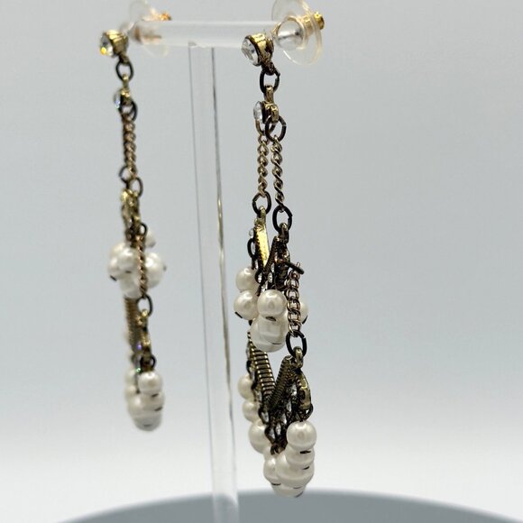 Brass Pearl Chandelier Drop Dangle Earrings Rhinestone Long - Picture 3 of 7